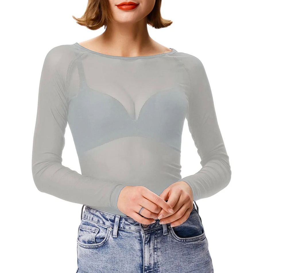 Kate Kasin Women's See Through Sage Gray Long Sleeve Mesh Shirt Size Small